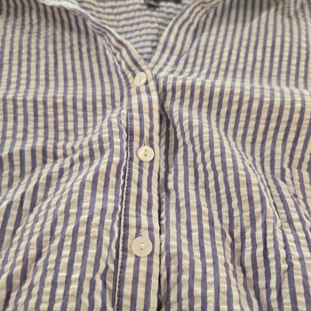 NYDJ Blouse Womens XL Blue White Striped Seersucker Henley Roll Tab Shirt Top - Picture 9 of 11